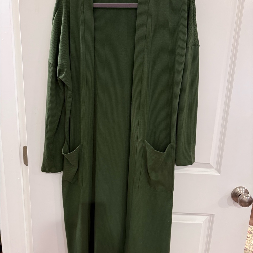Carly Jean Long Green Open ribbed Cardigan women size Small